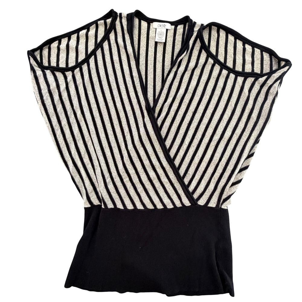 Cache Womens Metallic Striped Cold Shoulder Surplice Wrap Top Black Gold Large‎